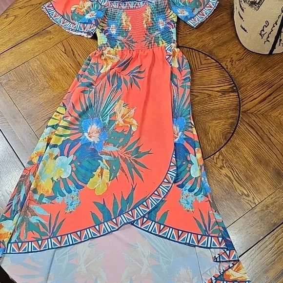 Jealous Tomato Maxi Dress Sm Floral Square Neck Flutter Sleeve Hi/Lo Smocked - Picture 5 of 6